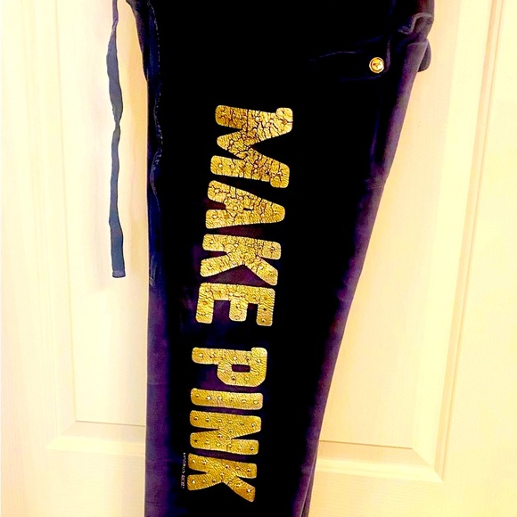 Vintage Victoria’s Secret velour sweatpants. MAKE PINK NOT WAR in bling. - Picture 2 of 7